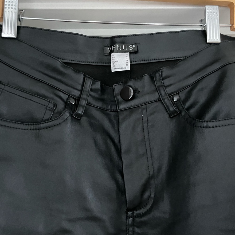 Venus faux black leather 5 pocket pants, size 6.